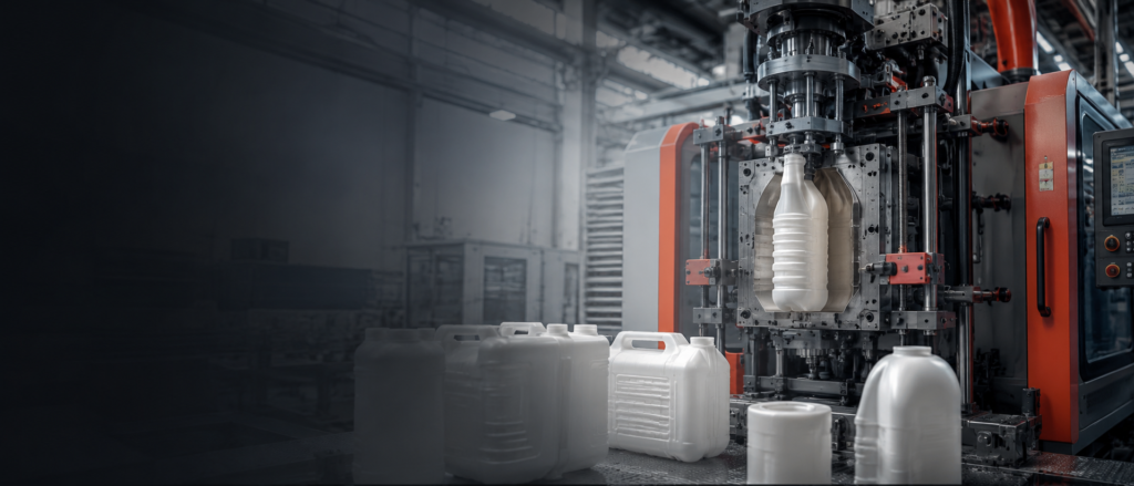 Machine d'extrusion-soufflage en production, avec bidons et flacons plastiques en sortie.