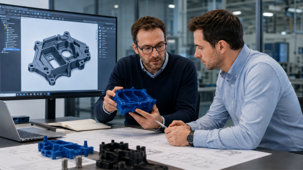 Deux techniciens examinent une pièce plastique bleue devant son modèle 3D affiché à l'écran.