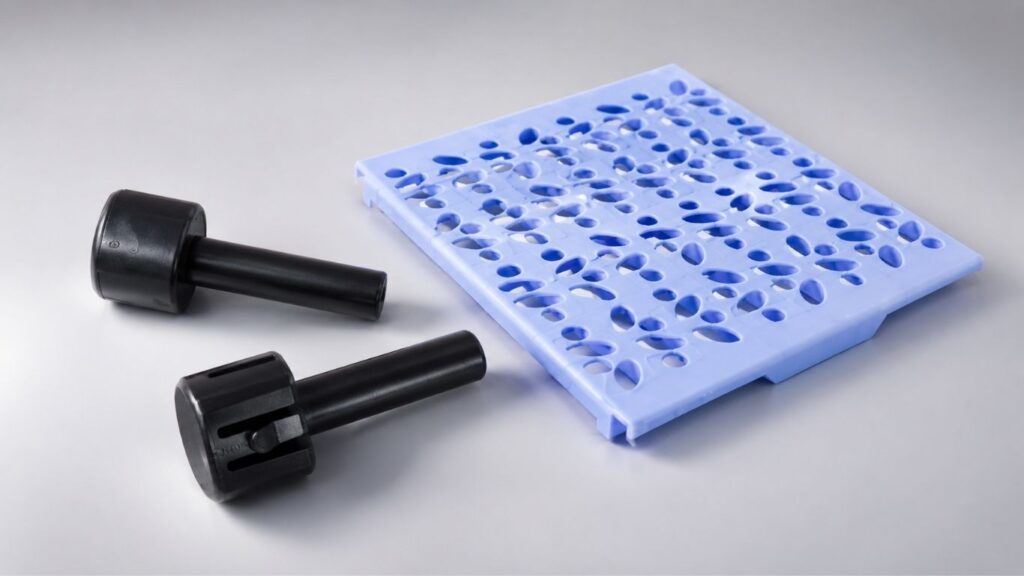 Plateau plastique alvéolé bleu clair et deux pièces noires cylindriques sur fond clair.