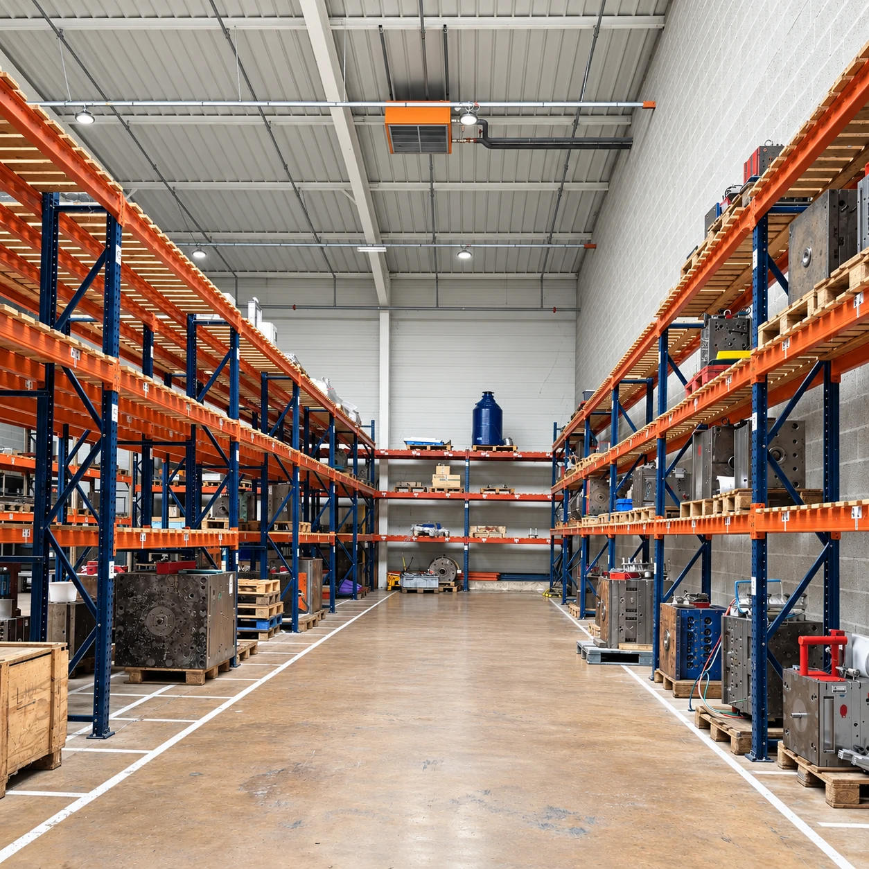 Allée de stockage des moules d'injection sur racks dans l'atelier Plazur Industries.