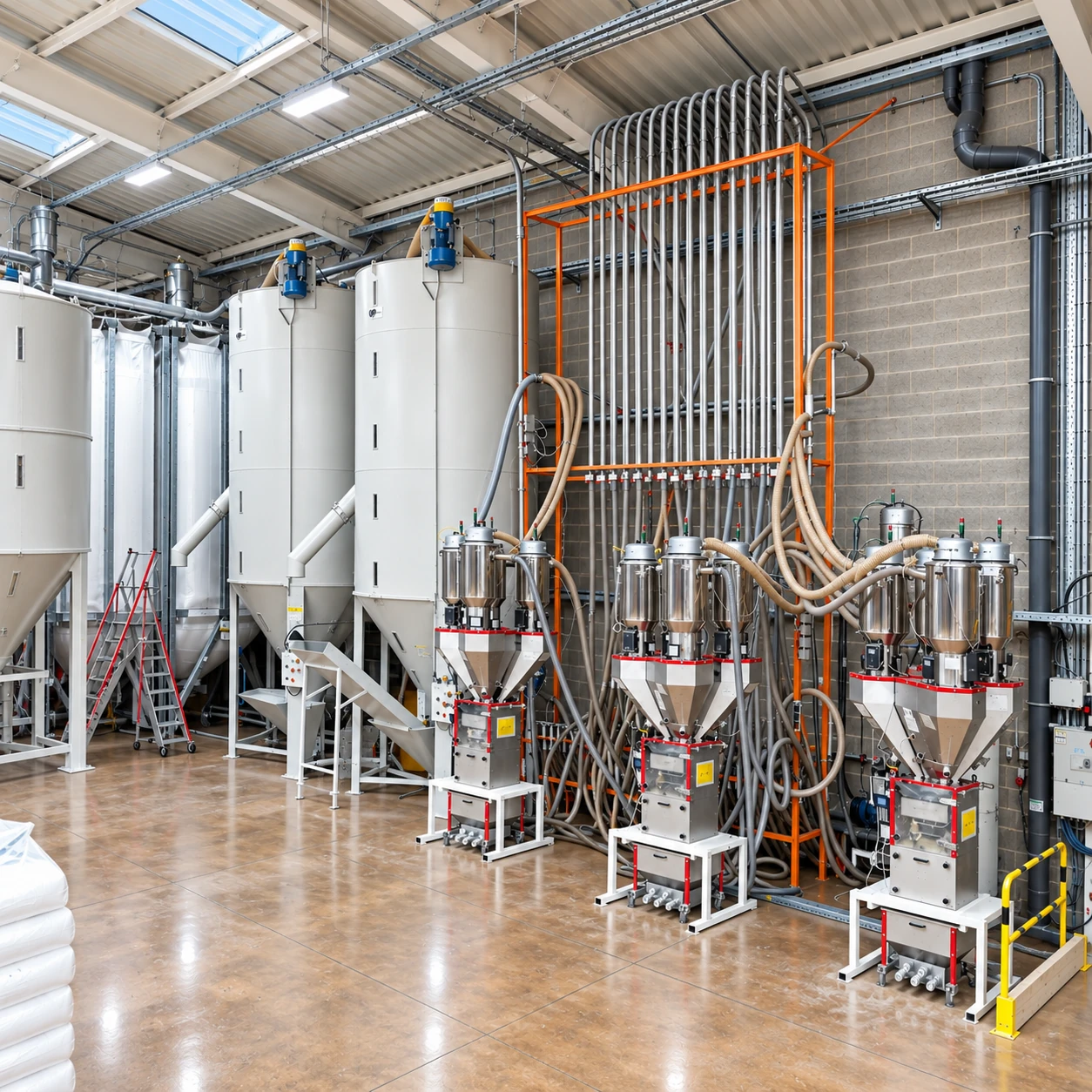 Silos et trémies de dosage alimentant les presses, atelier Plazur Industries.