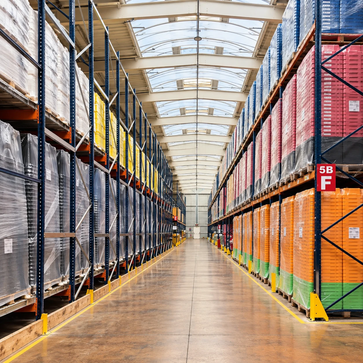 Allée centrale de l'entrepôt de Plazur Industries, bordée de racks de stockage.