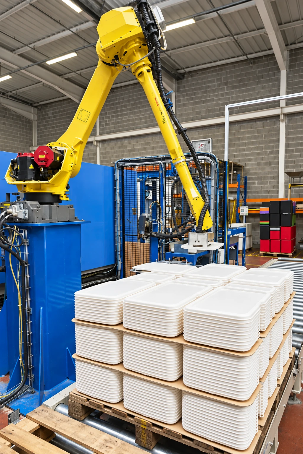 Robot déposant des pièces plastiques injectées empilées sur une palette, Plazur Industries.