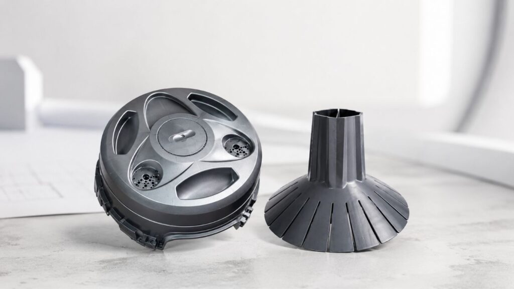 Deux pièces plastiques grises, l'une circulaire ajourée, l'autre conique, sur fond clair.